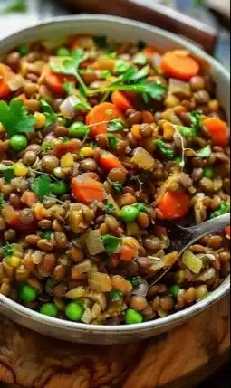 Bowl of Lentil Pilaf with colorful vegetables and spices