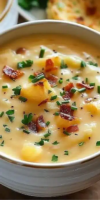 Bowl of creamy loaded baked potato soup topped with cheese and bacon.