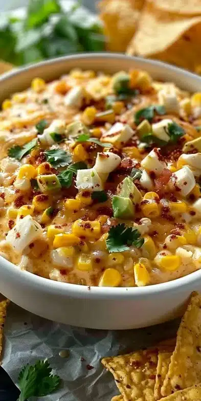 Delicious Loaded Mexican Street Corn Dip featuring 7 flavorful toppings.