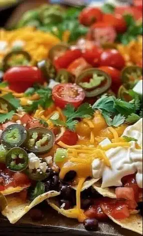Loaded nacho Christmas board with festive toppings and decorations.