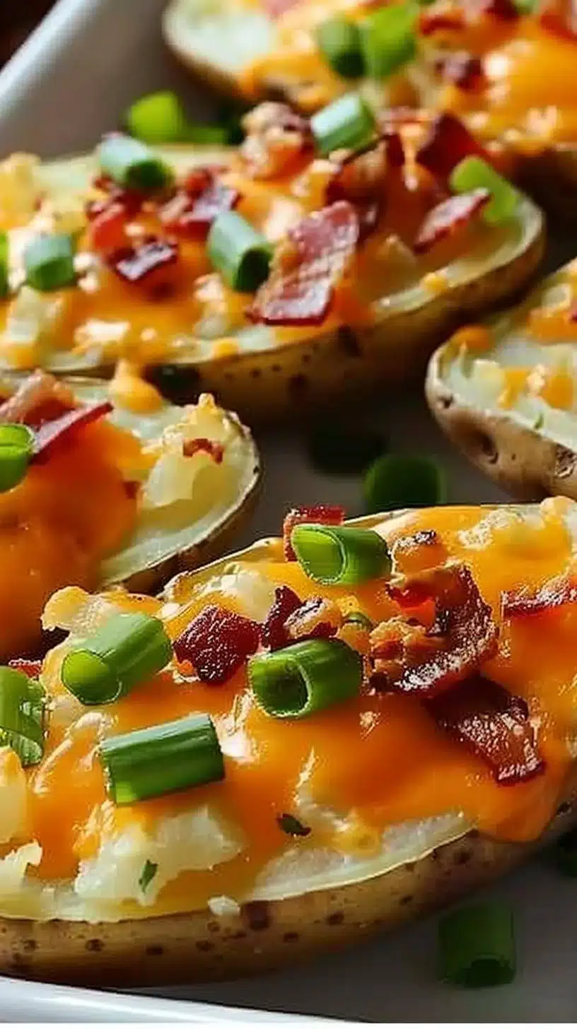 Delicious loaded potato skins variations served on a platter.