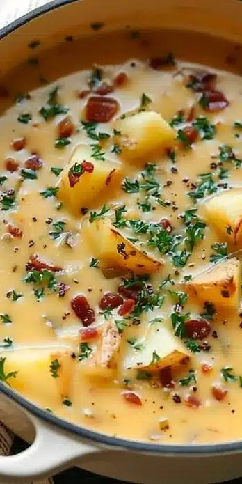 Bowl of creamy loaded potato soup topped with bacon, cheese, and chives.