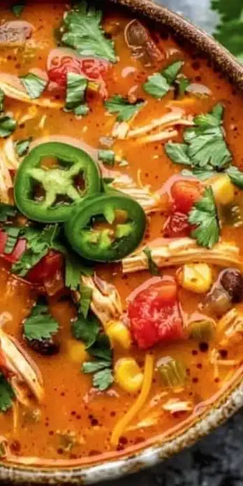 A bowl of low-carb chicken tortilla soup topped with fresh cilantro and lime.