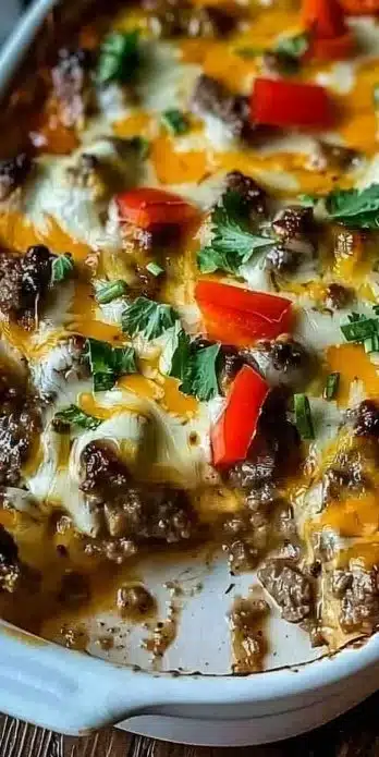 Low carb Philly cheesesteak casserole served in a baking dish