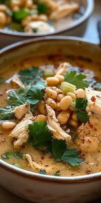 Bowl of low-carb white chicken chili topped with fresh herbs
