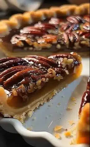 Slice of Maple Pecan Tart topped with pecans and maple syrup on a plate