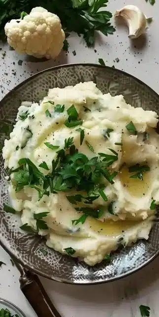 Creamy mashed cauliflower topped with fresh herbs for a comforting dish