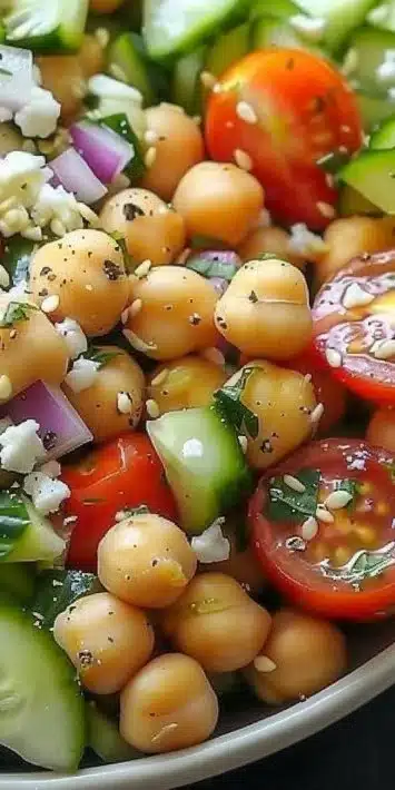 Mediterranean chickpea veggie bowl with fresh vegetables and herbs