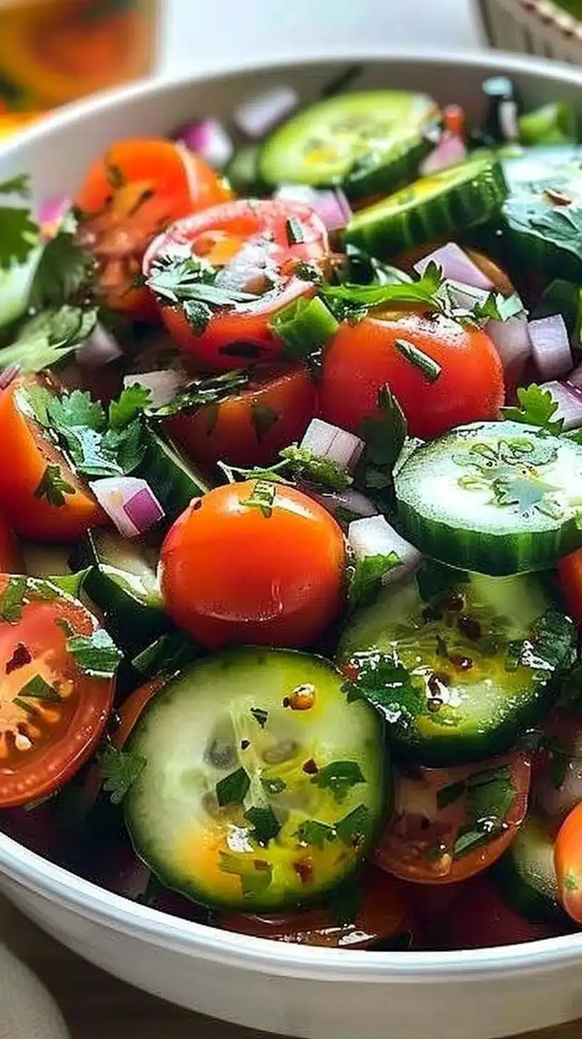 Mediterranean Cucumber Tomato Salad with fresh vegetables in a bowl