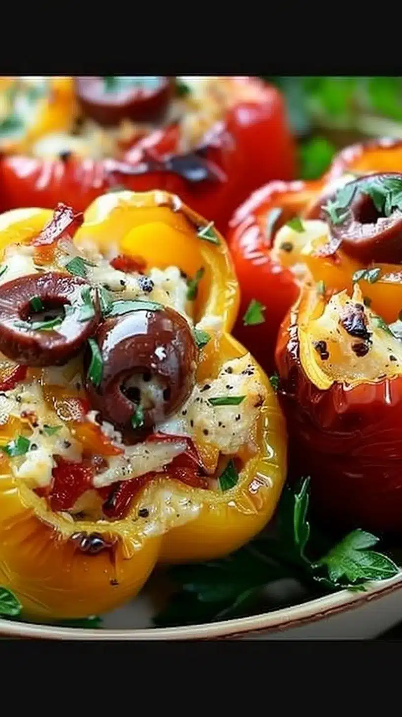 Five savory Mediterranean stuffed mini peppers on a plate