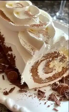 A stunning Meringue Yule Log decorated with seasonal berries and powdered sugar.