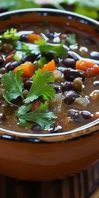 Bowl of Mexican black bean soup garnished with cilantro and avocado
