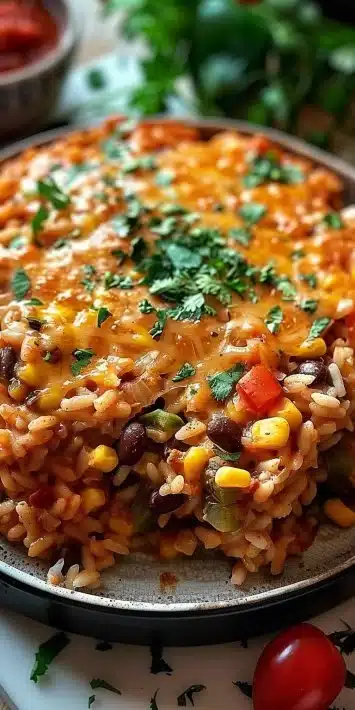 Delicious Mexican Rice Casserole topped with cheese and spices