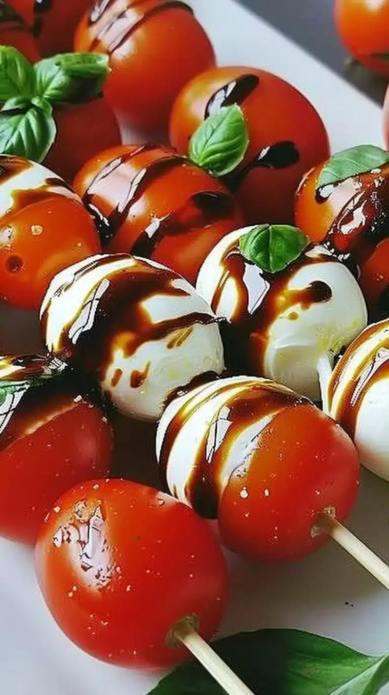 Mini Caprese Skewers with fresh basil, mozzarella, and cherry tomatoes