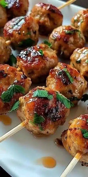 Mini Chicken Meatball Skewers on a platter garnished with herbs
