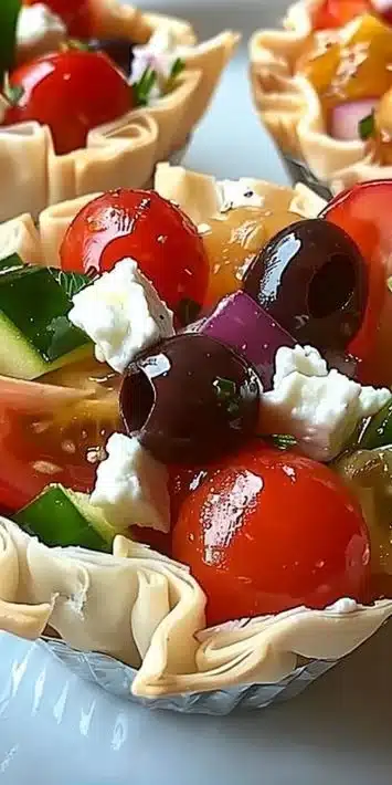 Mini Greek Salad Cups served in clear dishes with fresh ingredients