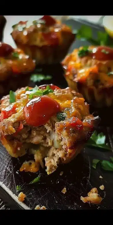 Mini turkey meatloaf muffins served on a plate with herbs