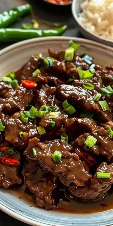 A delicious plate of Mongolian Beef garnished with green onions.