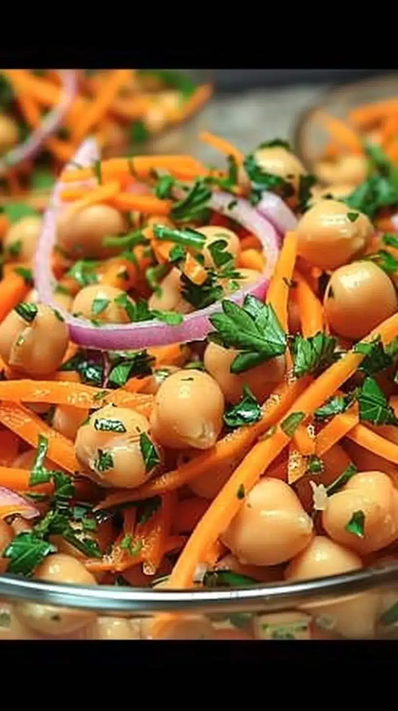 Moroccan chickpea carrot salad with fresh ingredients and vibrant colors