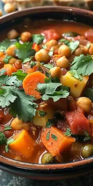 A bowl of colorful Moroccan Vegetable Stew with spices and fresh vegetables.