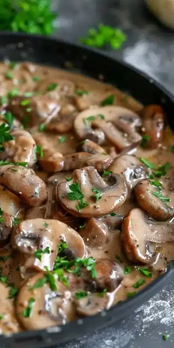 Creamy Mushroom Stroganoff served in a bowl with fresh herbs