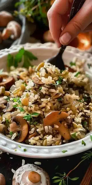 Delicious Mushroom Wild Rice Pilaf served in a bowl, topped with fresh herbs.