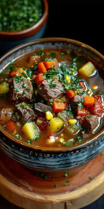 Bowl of my mom's old-fashioned vegetable beef soup with fresh vegetables and beef.