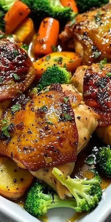 One-pan baked chicken with assorted vegetables served on a plate.