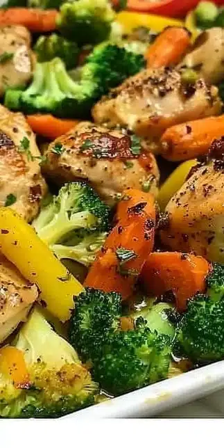 Delicious one-pan chicken and veggies meal ready to serve.