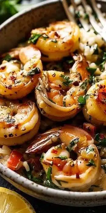 One pan creamy garlic shrimp garnished with fresh herbs, perfect for a healthy meal.