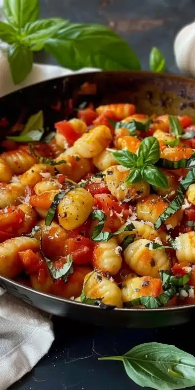 Delicious one-pan gnocchi served with fresh herbs and vegetables.