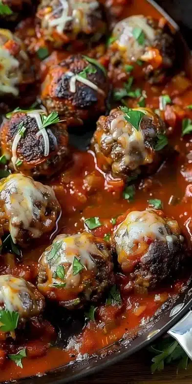 Delicious one-pan meatballs served with herbs and sauce for a cozy meal.