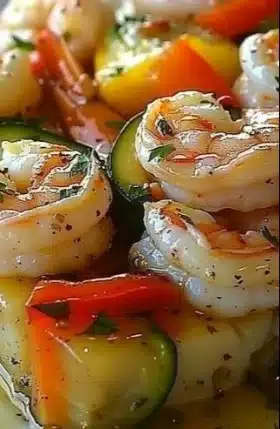 Delicious one-pan shrimp and veggies meal served on a plate