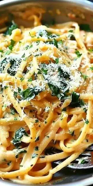 Delicious one-pot creamy pasta dish with vibrant ingredients
