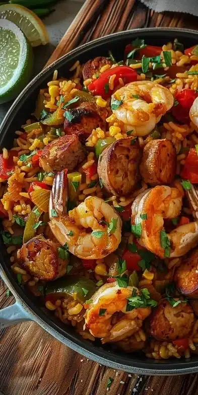 A delicious bowl of one-pot jambalaya with rice, shrimp, and sausage.