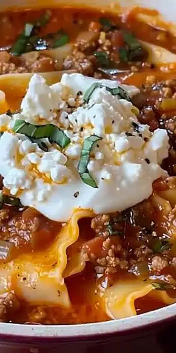 Delicious one-pot lasagna soup garnished with herbs and cheese