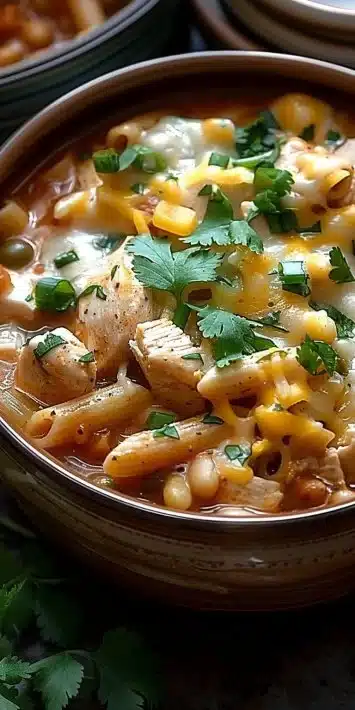 One-Pot White Chicken Chili Pasta served in a bowl with toppings