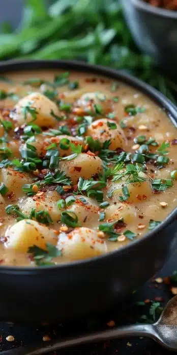 Bowl of Outback Potato Soup garnished with herbs and crispy bacon.