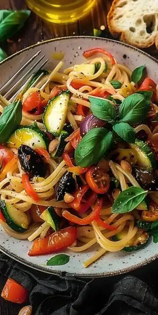 Delicious pasta dish with roasted veggies and olive oil ingredients