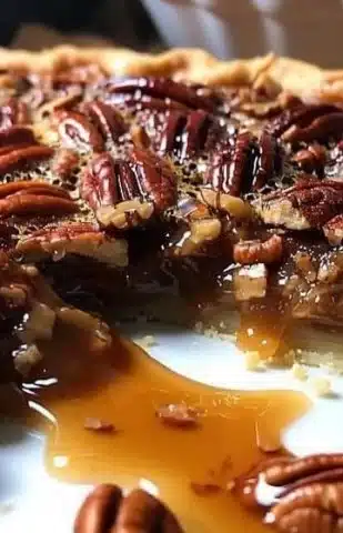 Delicious slice of homemade pecan pie topped with whipped cream