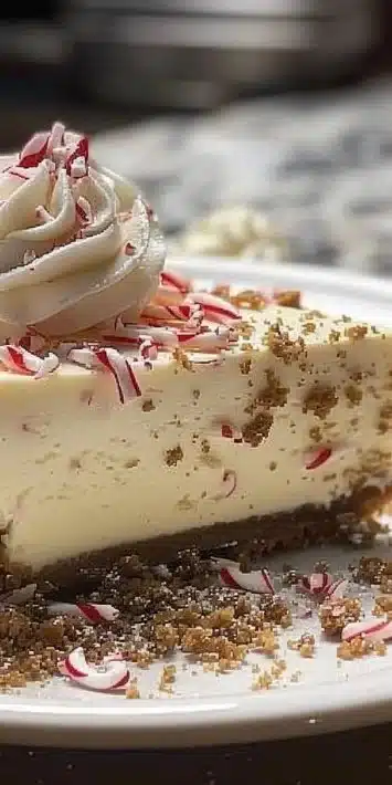Slice of peppermint cheesecake topped with whipped cream and candy canes