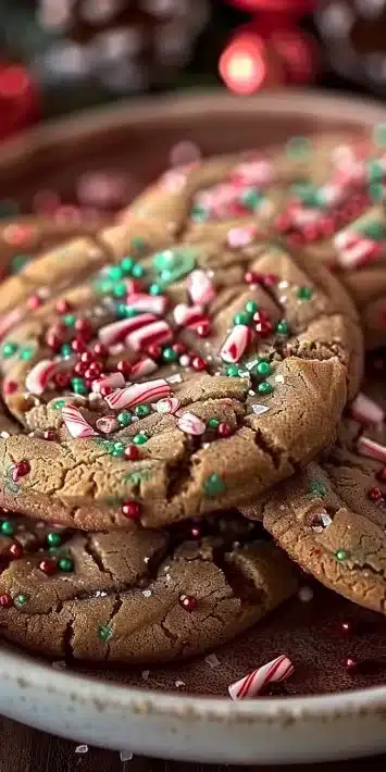 Delicious peppermint cookies decorated with crushed candy canes on a plate.