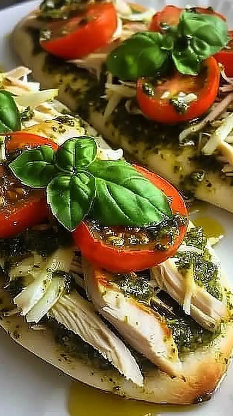 Pesto Chicken Flatbread Bites topped with fresh ingredients and vibrant colors