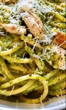 Delicious Pesto Chicken Pasta with vibrant green pesto and grilled chicken