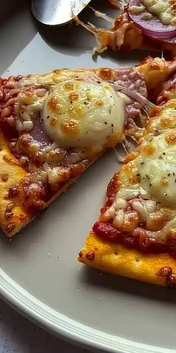 Delicious Pizza Eggs recipe featuring melted cheese and toppings on eggs.