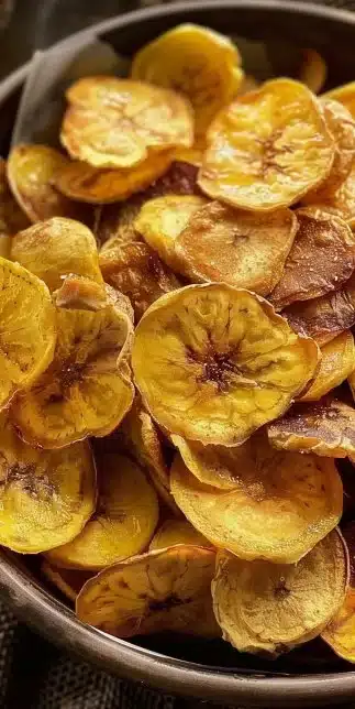 Bowl of baked plantain chips, a healthy and crunchy snack option.