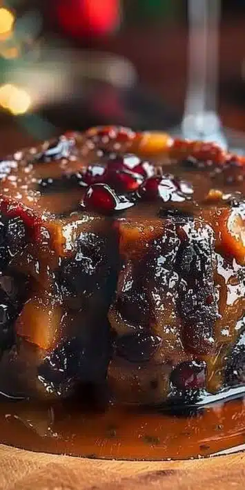 Delicious homemade plum pudding served with cream, perfect for holiday celebrations