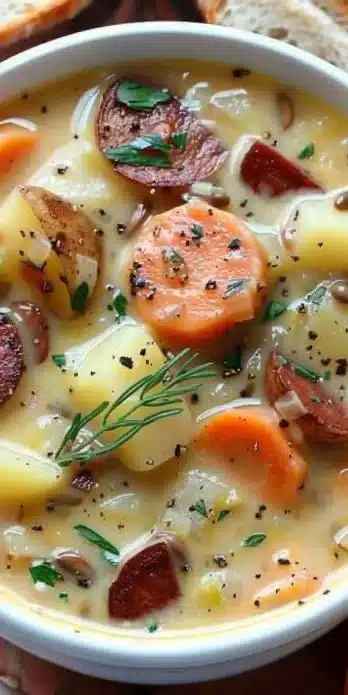 Delicious bowl of Polish Potato Soup (Kartoflanka) topped with herbs.