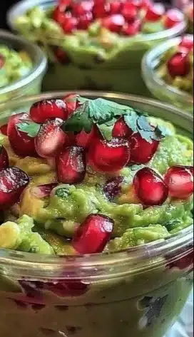 Pomegranate Guacamole Cups served in small, colorful dishes with fresh pomegranate seeds