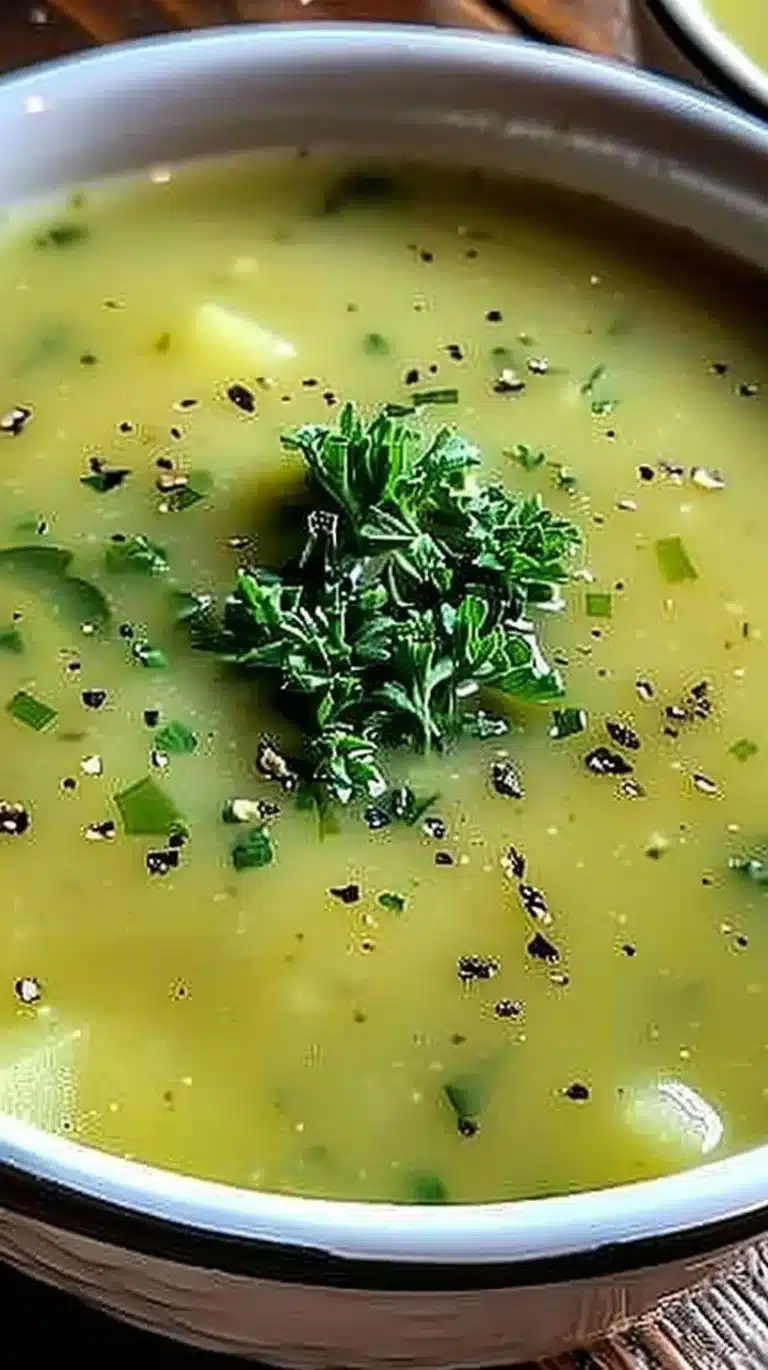 Bowl of creamy potato leek soup garnished with fresh herbs